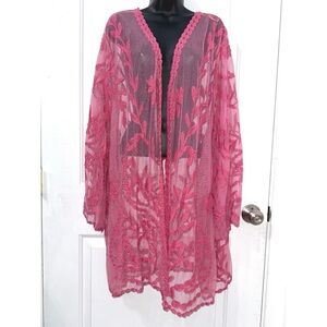 Davi & Dani PLUS SIZE Womens PINK LACE EMBROIDERED KIMONO CARDIGAN